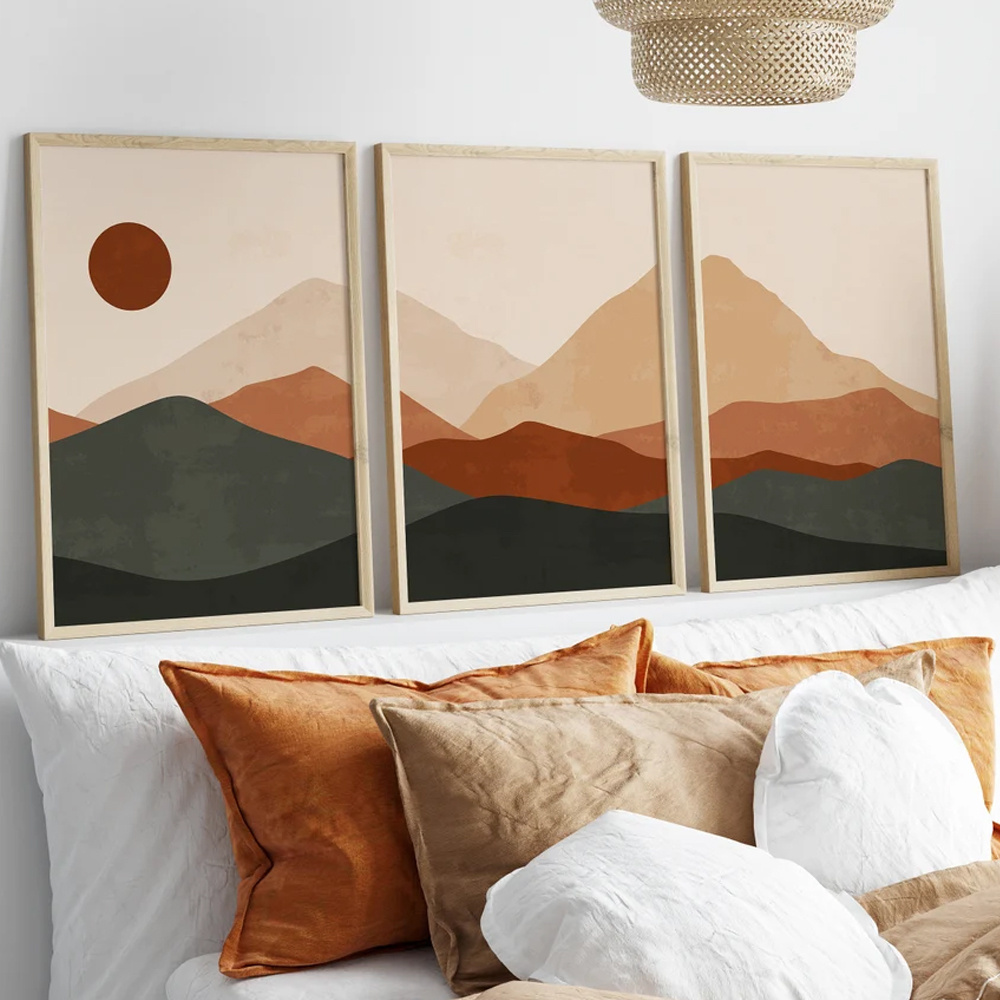 Abstract Canvas Set - 3-teiliges Set Bohemian Abstrakte Sonnenaufgang-Bergansicht Leinwanddruck